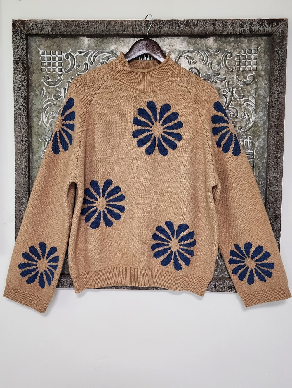 Women's Tan Knit Sweater with Navy Floral Motif XXL Cozy Sweater Weather Relaxed